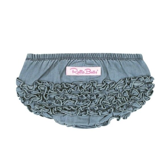 RuffleButts Baby Girls Woven RuffleButt Bloomer Light Wash Denim Size 0-3M New - Picture 1 of 5